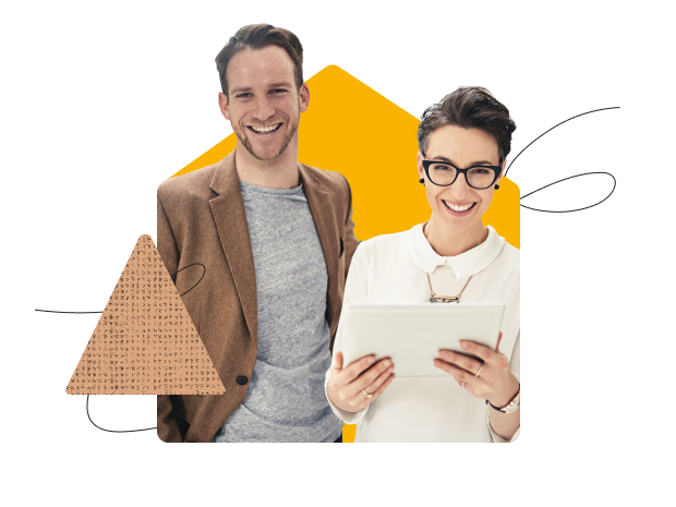 Partner Hero Image of Woman and Man Smiling with Woman Holding Tablet