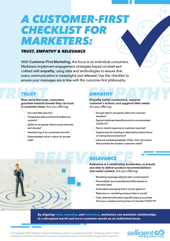 Thumbnail image of Selligent one sheet titled "A Customer-First Checklist for Marketers: Trust, Empathy & Relevance"