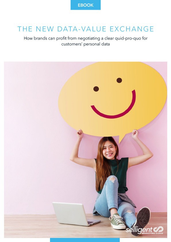 Thumbnail of a document titled "The New Data-Value Exchange: How brands can profit from negotiating a clear quid-pro-quo for customers’ personal data". The image features a woman in casual clothing and sneakers, sitting in front of a pink wall, holding up an enormous happy face sign over her head. A laptop lies near her feet.