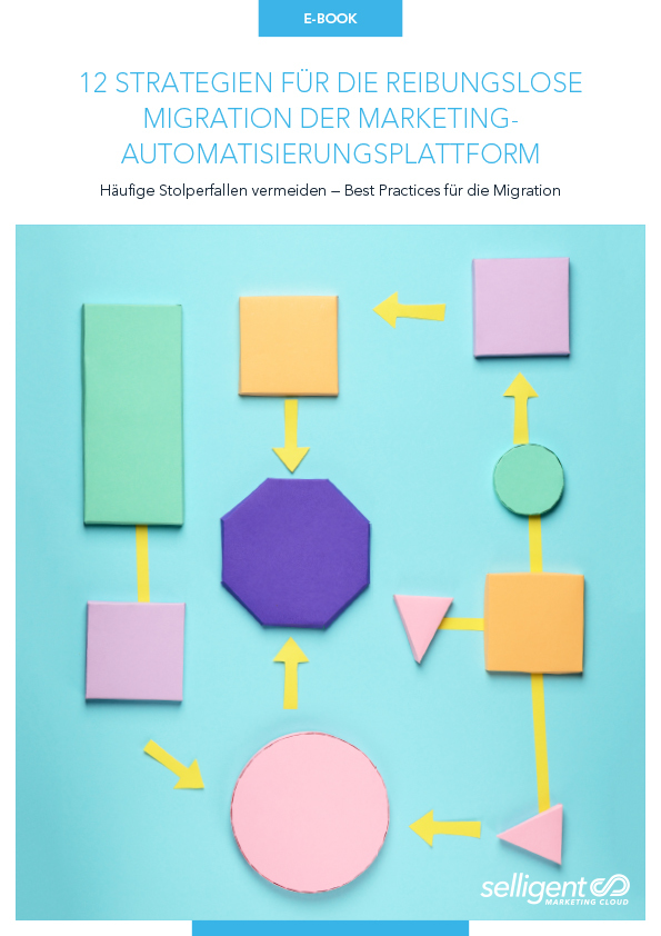 Thumbnail eines Dokuments mit dem Titel „10 Strategien für eine nahtlose Migration der Marketing-Automatisierungsplattform". Das Bild zeigt 10 Papierformen in verschiedenen Farben und Größen, die mit Pfeilen wie ein Flussdiagramm angeordnet sind. Der Hintergrund ist blaugrün.