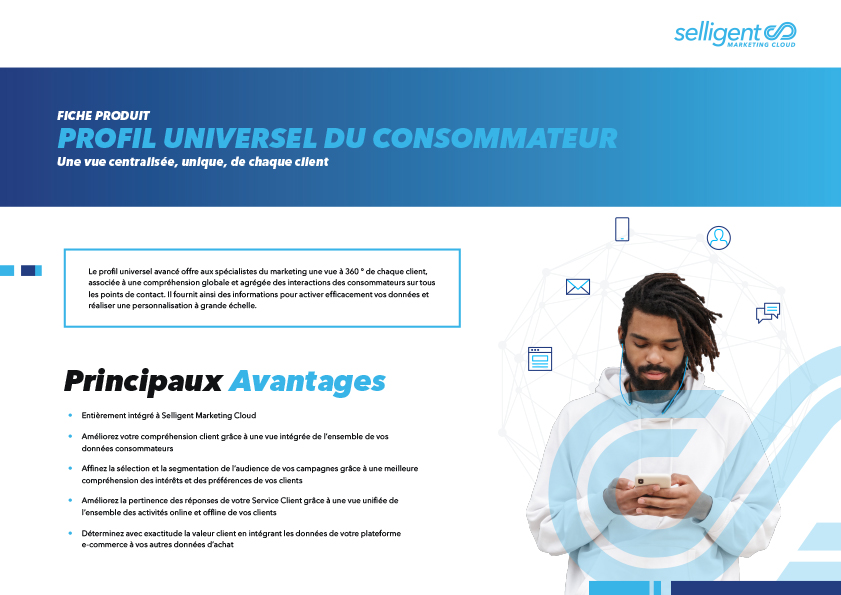 aperçu de la fiche produit à télécharger et dédiée à la vue 360 proposée par la plateforme Selligent Marketing Cloud.