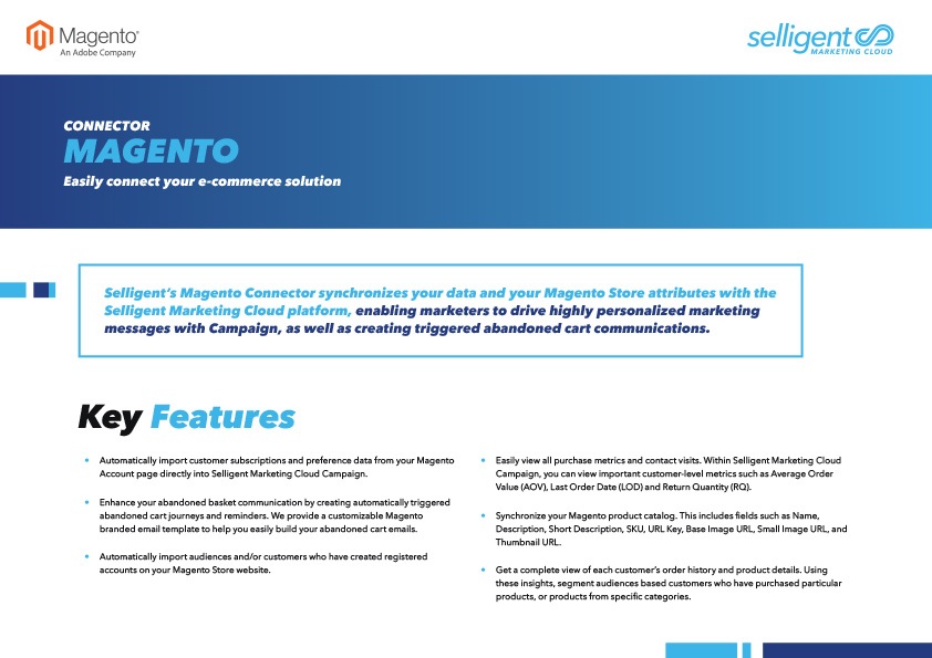 Thumbnail of a one page, two column document with the words "Selligent Marketing Cloud’s Magento Connector Features"