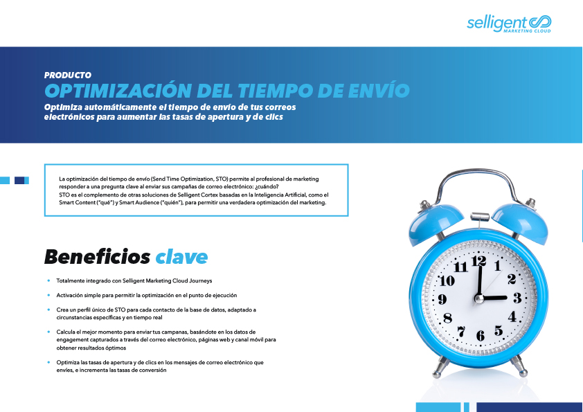 Imagen en miniatura de la portada de una hoja de producto de Selligent titulada: “Optimización del tiempo de envío”