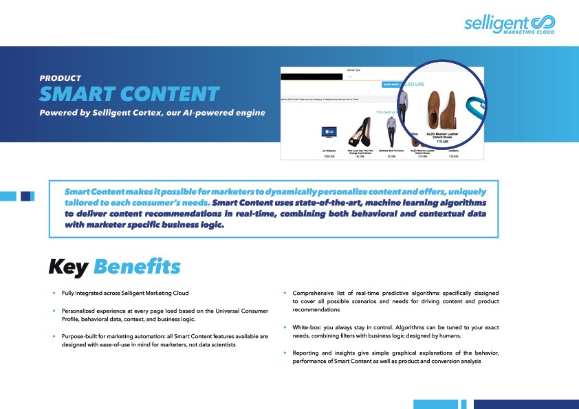 Thumbnail of a document titled "SMART CONTENT: Powered by Selligent Cortex, our AI-powered engine"