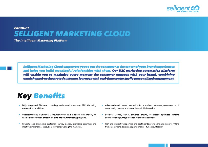 Thumbnail of a one page, two column document titled Selligent Marketing Cloud: Ley Features & Benefits.
