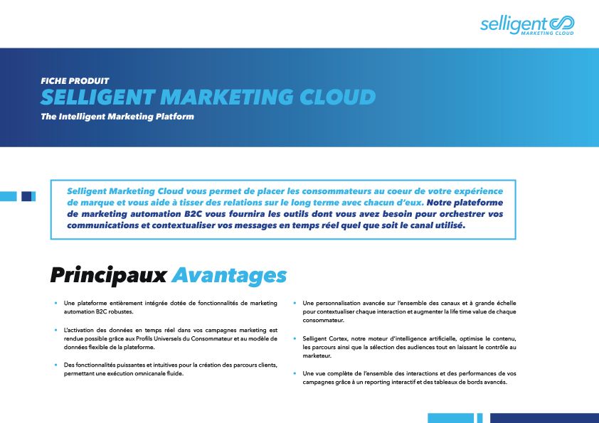 image aperçu de la fiche produit en téléchargement indiquant quels sont les points forts de la plateforme de Selligent Marketing Cloud