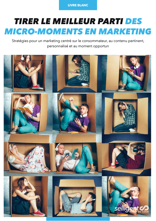 image de la couverture du livre blanc sur les micro-moments édité par selligent Marketing Cloud à télécharger et représentant des consommateurs utilisant des devices mobiles chacun dans une grande boîte en carton.