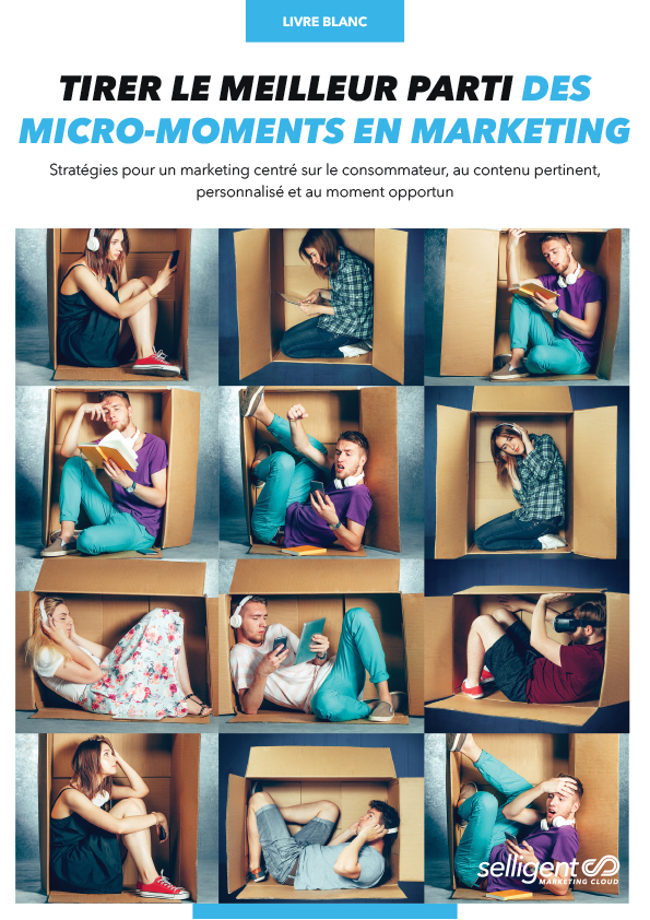 image de la couverture du livre blanc sur les micro-moments édité par selligent Marketing Cloud à télécharger et représentant des consommateurs utilisant des devices mobiles chacun dans une grande boîte en carton.