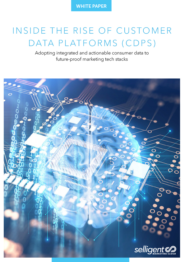 Thumbnail of a document titled "Inside the Rise of Customer Data Platforms (CDPs)". The cover features a computer circuitboard with the white outline of a human brain superimposed on top of it. There are dots and connections between the brain and the computer images. 